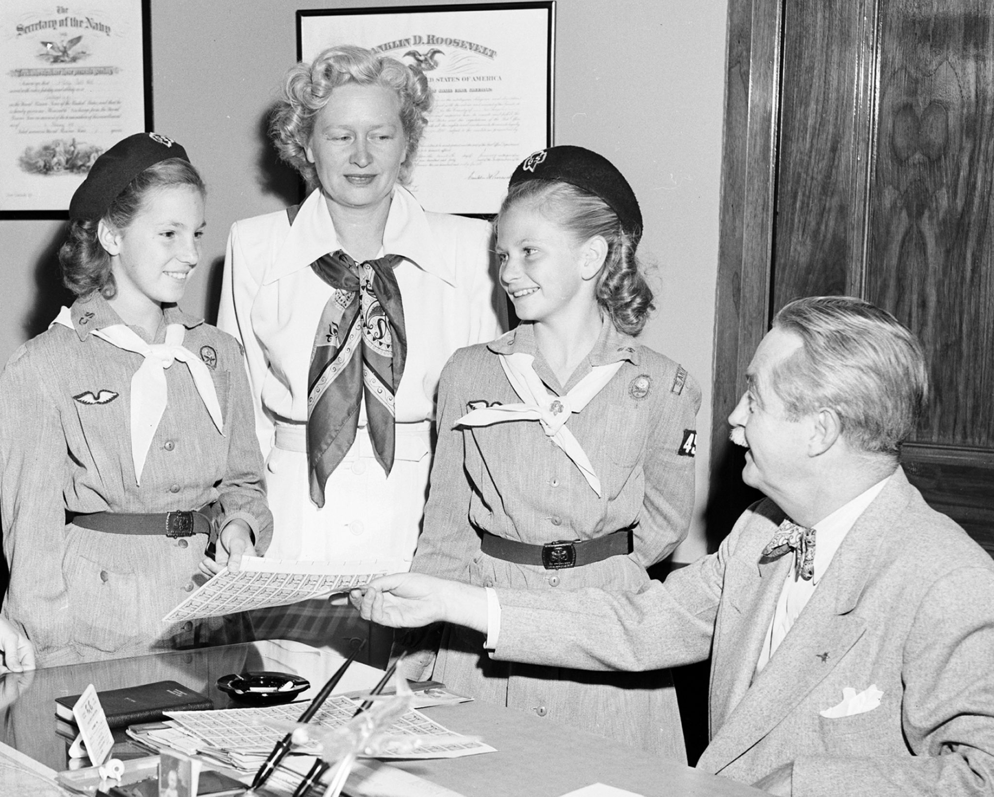 Girl Scouts Receive Commemorative Stamps from Postmaster, 1948 