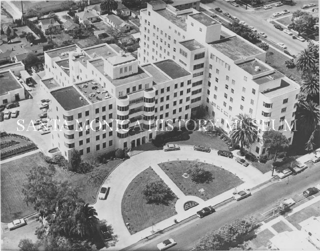 Aerial view of the main entrance to Saint John's Heath Center, c1950sSanta Monica History Museum Collection (36.2.335)