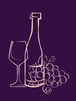 wine glass, wine bottle, grapes