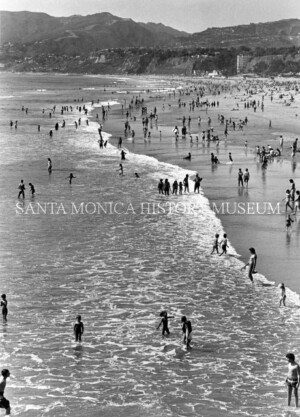 Santa Monica beach with people on beach and in the water