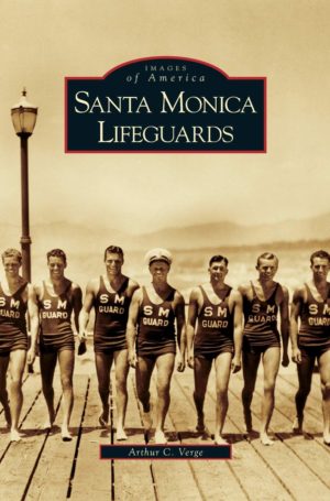 book cover: Santa Monica Lifeguards; lifeguards standing in row on pier