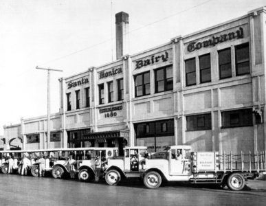 dairy factory with trucks in loading bay