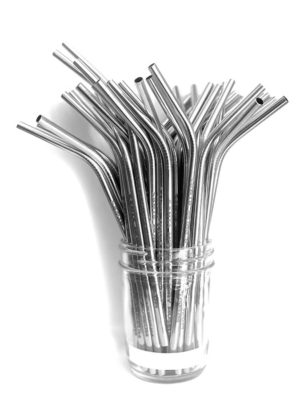 Stainless steel straw bent at top with words "Santa Monica History Museum" etched on it