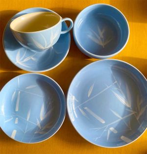 Place setting of cup, saucer, bowl, dinner and salad plate. Blue with white bamboo markings