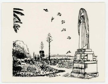 Notecard - drawing of statue of Saint Monica in Palisades Park