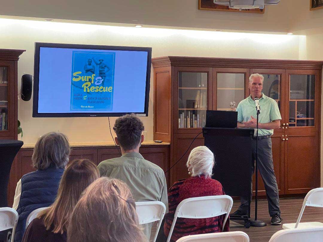 Author Patrick Moser speaking about his book Surf & Rescue