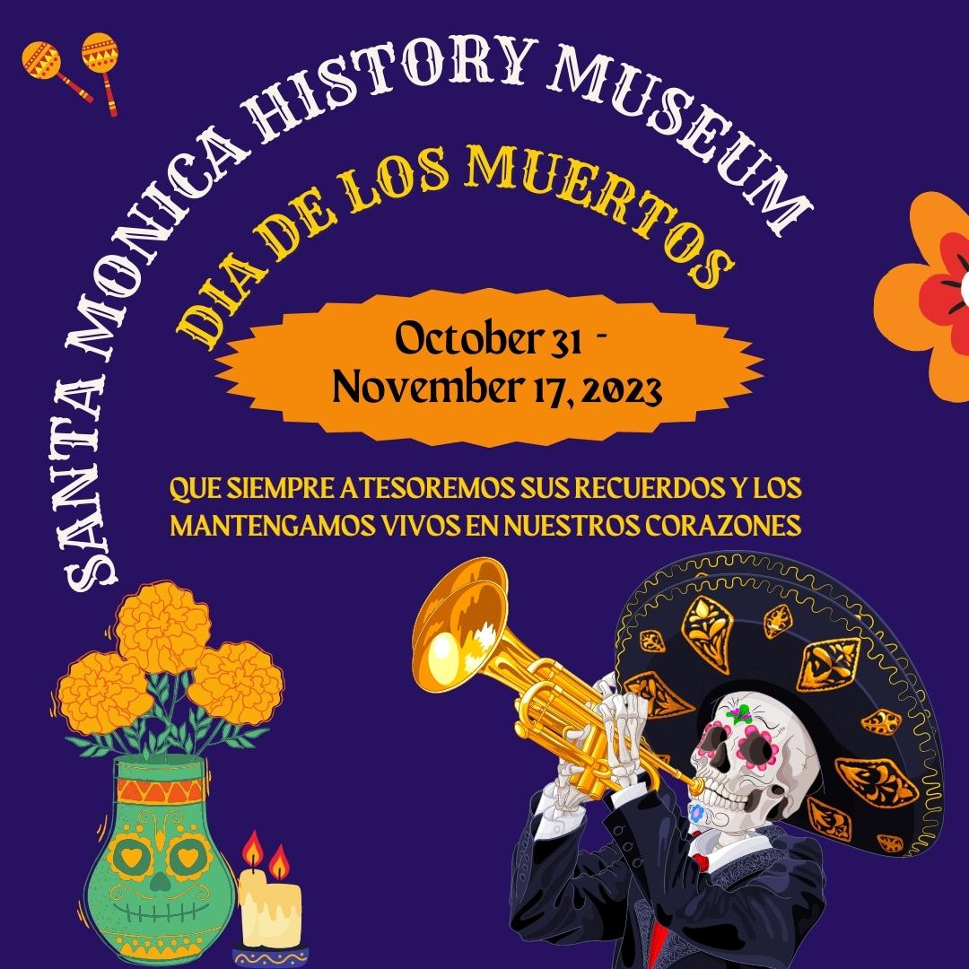 Day of the Dead graphic on purple with orange flowers