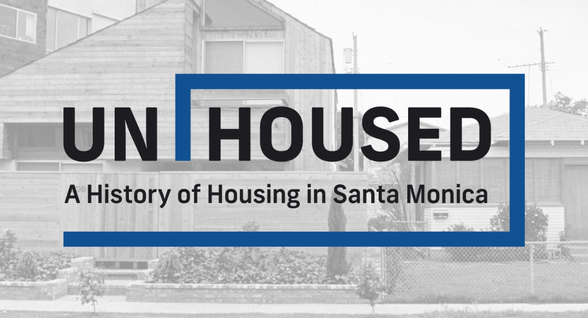 Black and white image of homes with exhibition text UNHOUSED