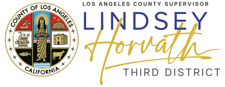 County of Los Angeles seal with name of Supervisor Horvath in blue and gold
