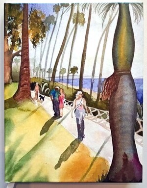 front cover of journal, watercolor of palisades park with palm trees and people walkiing along the palisade
