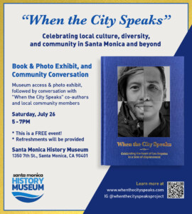 Event announcement showing blue book cover with photo montage of faces