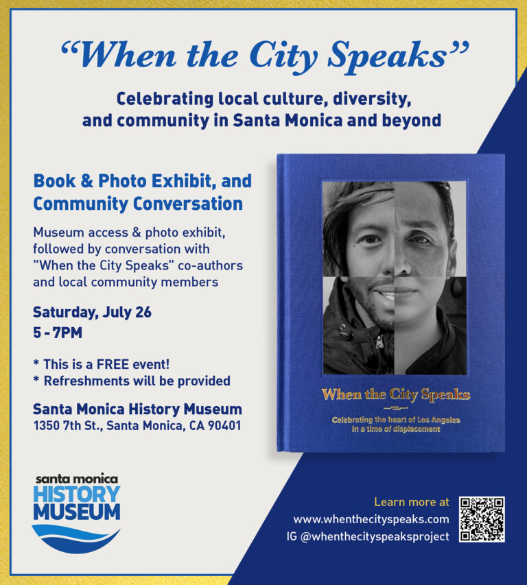 Event announcement showing blue book cover with photo montage of faces