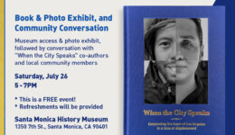 Event announcement showing blue book cover with photo montage of faces