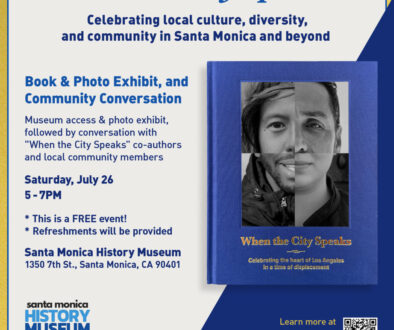 Event announcement showing blue book cover with photo montage of faces
