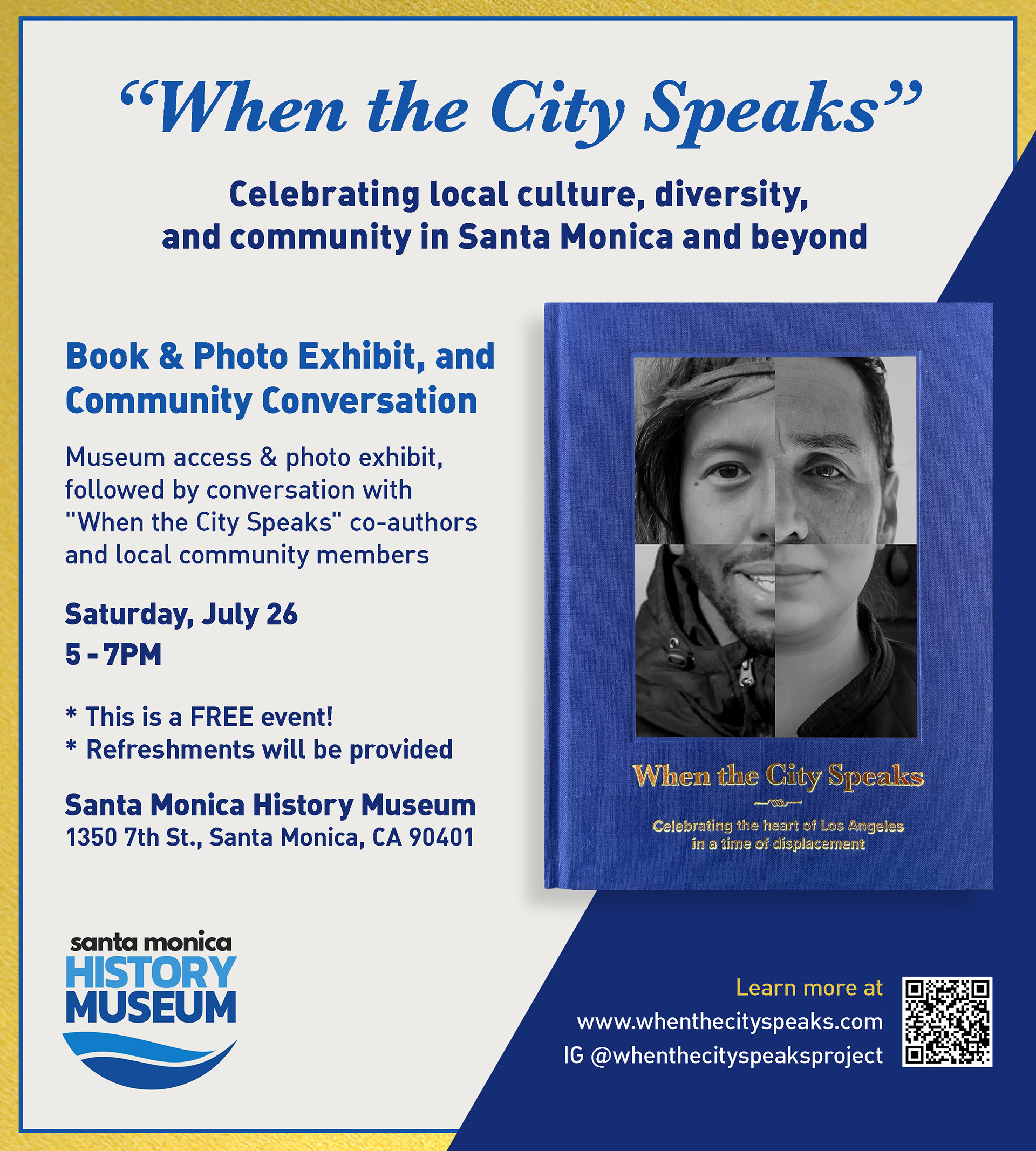 Event announcement showing blue book cover with photo montage of faces