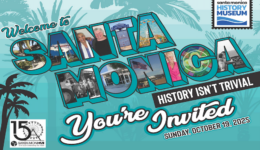 Postcard with palm trees and text: Santa Monica and Save the date Sunday, October 19
