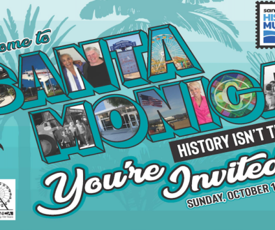Postcard with palm trees and text: Santa Monica and Save the date Sunday, October 19