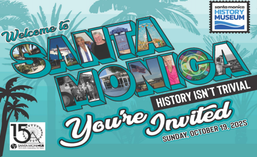 Postcard with palm trees and text: Santa Monica and Save the date Sunday, October 19