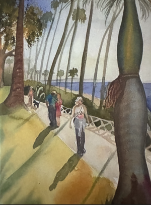 front cover of journal, watercolor of palisades park with palm trees and people walkiing along the palisade