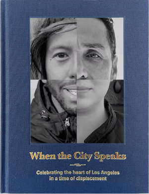 photography book with black and white image creating four faces