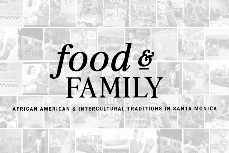 Exhibtion title Food and Family over a collage of black and white images of folks eating, dining, gardening