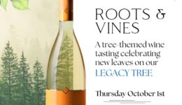 Graphic for wine tasting event called "Roots & Vines"