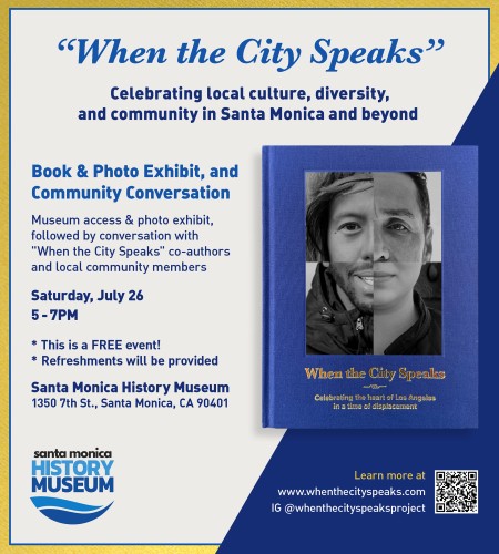 Event announcement showing blue book cover with photo montage of faces